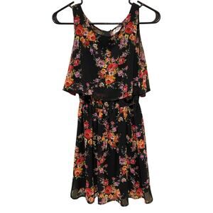 Emerald Sundae Floral Mini Dress XS Black Multicolor Roses Sheer Blouson Party